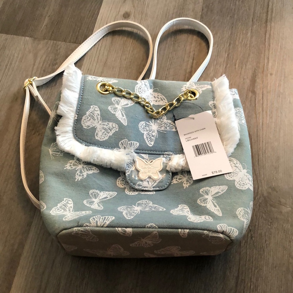 Luv Betsey Betsey Johnson Denim & White Butterfly Print Backpack With Chain NWT
